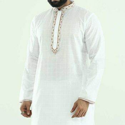 Picture of Premium white cotton panjabi with golden embroidery design for men | Indian chicken panjabi for men new collection 2024 | High quality soft cotton panjabi