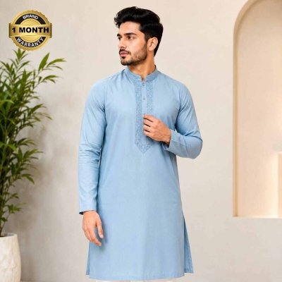 Picture of Sky blue panjabi for men cotton | Premium panjabi for men new collection 2025 | Indian panjabi for men new collection 2025 stylist brand | Printed Panjabi for eid collection at low price - Embroidery style panjabi