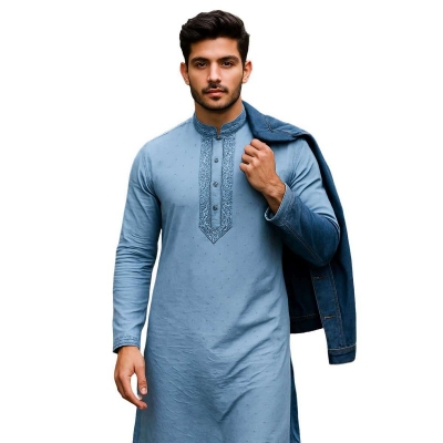 Picture of Sky blue panjabi for men cotton | Premium panjabi for men new collection 2025 | Indian panjabi for men new collection 2025 stylist brand | Printed Panjabi for eid collection at low price - Embroidery style panjabi