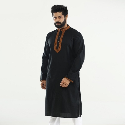 Picture of Full black panjabi for men new collection 2024 | Cotton panjabi for men black | Black embroidery style panjabi for men