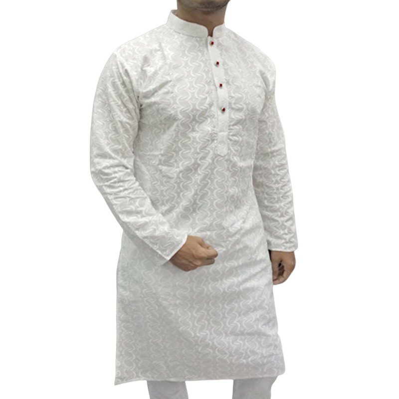 Picture of White panjabi for men high quality | White indian panjabi for men low price | Indian chicken fabrics panjabi for men new collection 2024