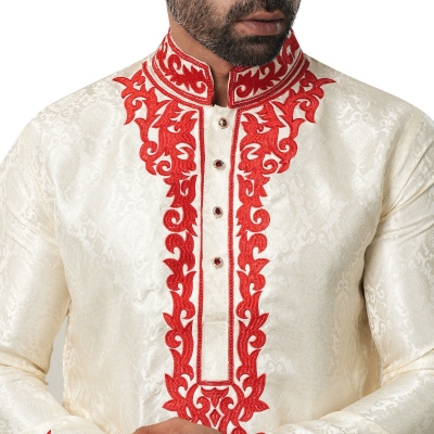 Picture of Indian katan panjabi for men new collection 2024 stylish | Indian wedding panjabi for men golden color - Party dress for men