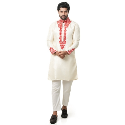 Picture of Indian katan panjabi for men new collection 2024 stylish | Indian wedding panjabi for men golden color - Party dress for men