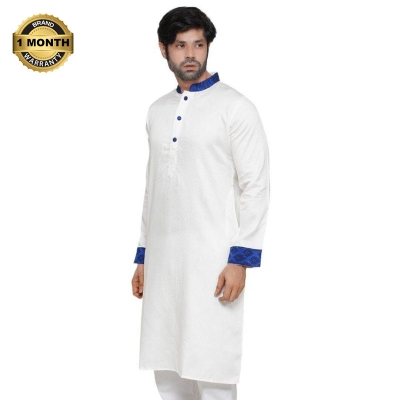 Picture of White katan panjabi for men cotton | Premium panjabi for men new collection 2024 | Indian panjabi for men new collection 2024 stylist brand | white and blue panjabi for eid collection at low price