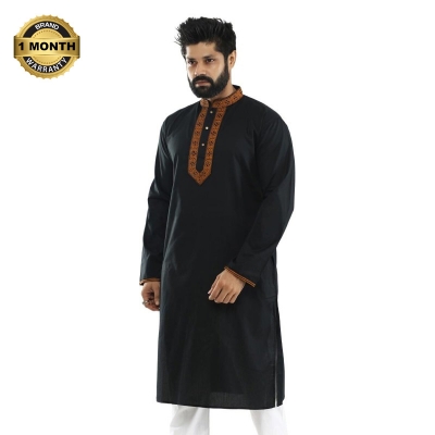 Picture of Full black panjabi for men new collection 2024 | Cotton panjabi for men black | Black embroidery style panjabi for men