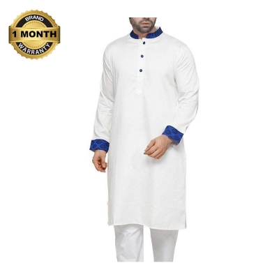 Picture of White panjabi for men new collection 2023 | Cotton panjabi for men white | White panjabi with blue contrast