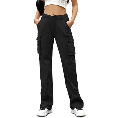 Picture of Stylish cargo pant for women black color | Six pocket cargo mobile pant for women at cheap price | High quality pant for women cotton at low price - Premium black colour pants new collection 2024