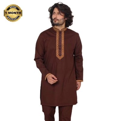 Picture of Cotton panjabi for men new collection 2024 stylish | Low price mens panjabi high quality | panjabi for gift - Embroidery panjabi chocolate color