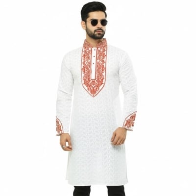 Picture of Premium white and Red Cotton Panjabi For Men | Full embroidery work in panjabi | High quality party panjabi for men at low price |  Brand new collection panjabi for men 2025 - Boisakhi panjabi collection