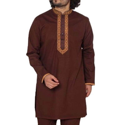 Picture of Cotton panjabi for men new collection 2024 stylish | Low price mens panjabi high quality | panjabi for gift - Embroidery panjabi chocolate color