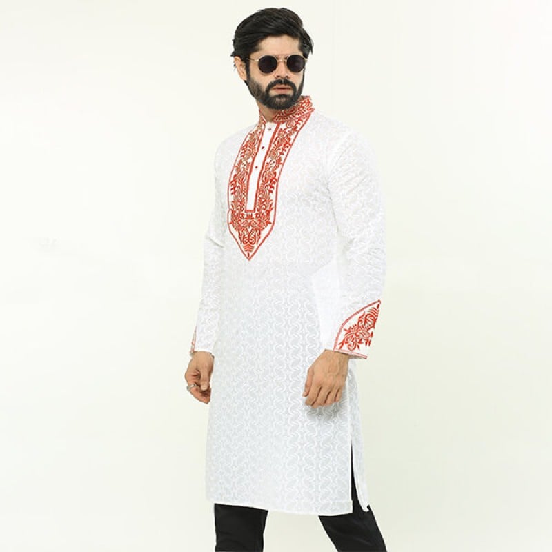 Picture of Premium white and Red Cotton Panjabi For Men | Full embroidery work in panjabi | High quality party panjabi for men at low price |  Brand new collection panjabi for men 2025 - Boisakhi panjabi collection