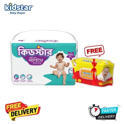 Picture of Kidstar Ultra Soft Baby Pant Diaper XXL 24 Pcs 15-25 KG for Kids Dryness, Safety and Comfort (Kidstar Baby Wipes (Pouch) 120 Pcs - Free)